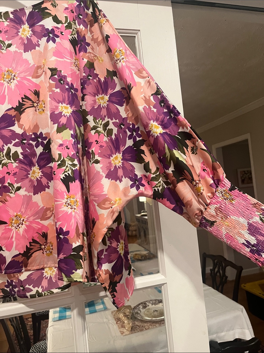 Floral Pink & Purple Smocked-Cuff Women's Blouse